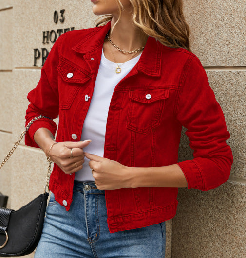 Amelia classic denim jacket in red, close-up front view against wall