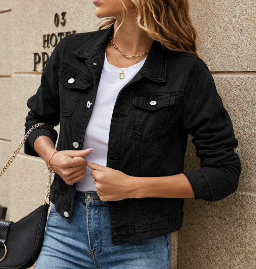 Amelia classic denim jacket in black, close-up front view