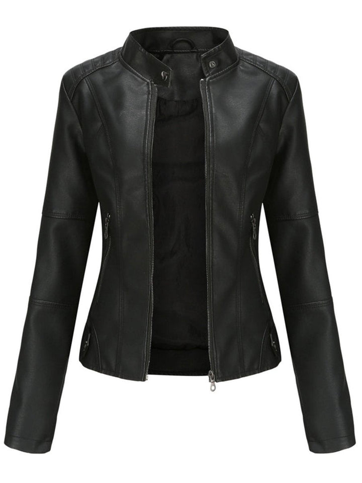 Annika black fitted biker jacket with stand collar, front view