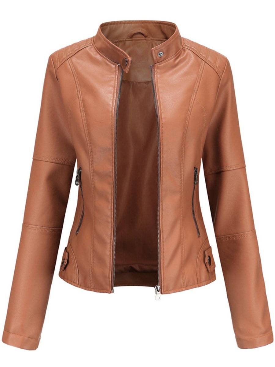 Annika camel fitted biker jacket with zip-up front, front view