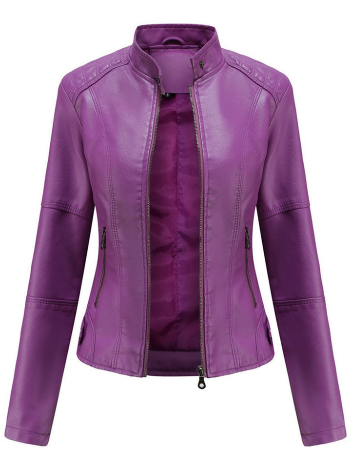 Annika purple fitted biker jacket with quilted shoulder detail, front view
