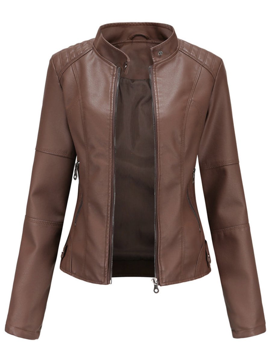 Annika brown fitted biker jacket with long sleeves, front view