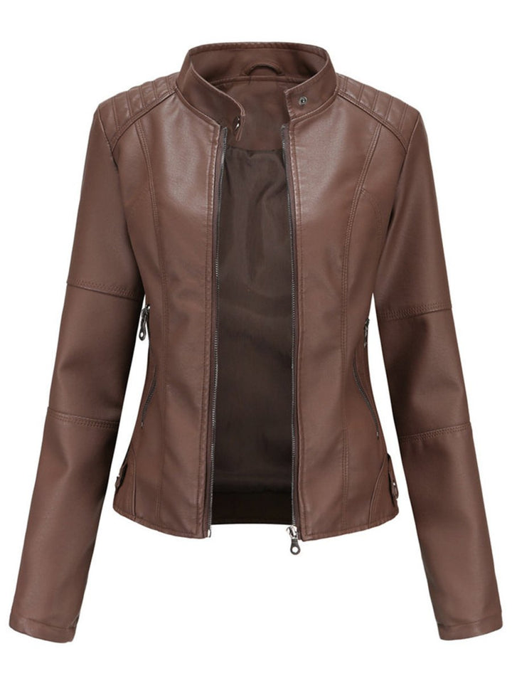 Annika brown fitted biker jacket with long sleeves, front view