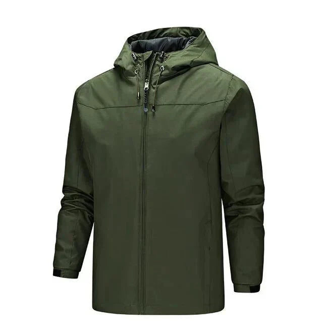 Callum lightweight hooded rain jacket in green, front view