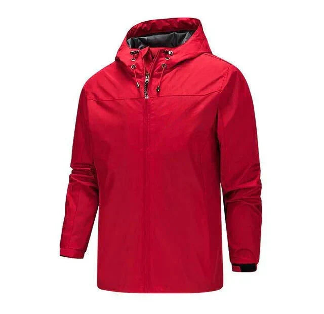 Callum lightweight hooded rain jacket in red, front view