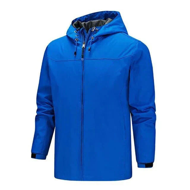 Callum lightweight hooded rain jacket in blue, front view