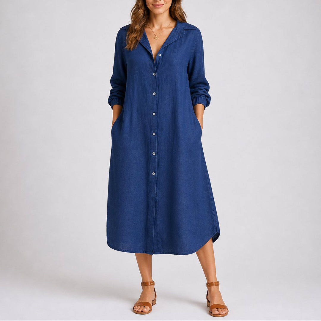 Charlotte navy button-down midi shirt dress, front view