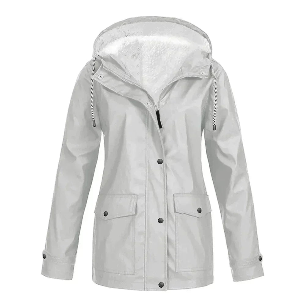 Eleanor hooded rain jacket in white with fleece lining, front view