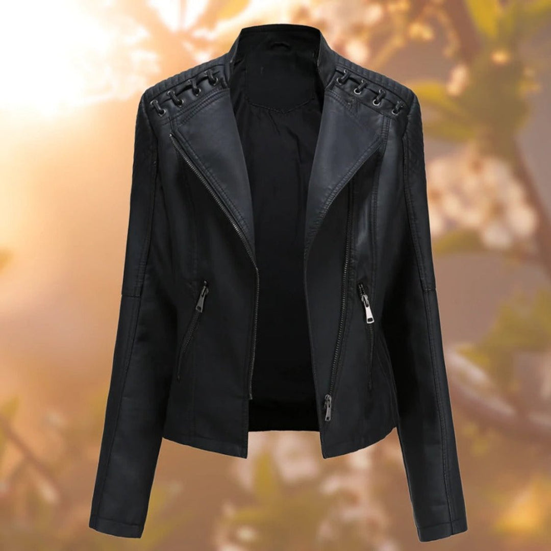 Elisabeth biker jacket in black, front view with asymmetric zip and shoulder lace detail