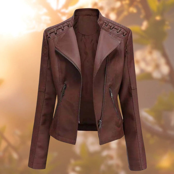 Elisabeth biker jacket in dark brown, front view with quilted shoulder panels