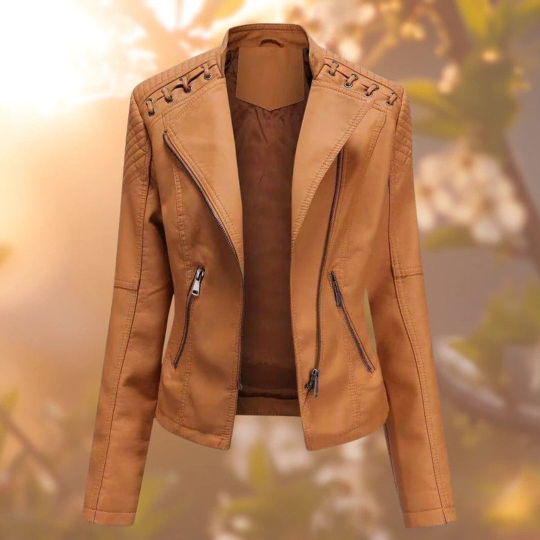 Elisabeth biker jacket in camel, front view with zip pockets