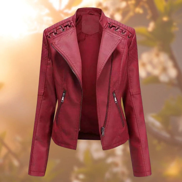 Elisabeth biker jacket in dark red, front view with notched collar