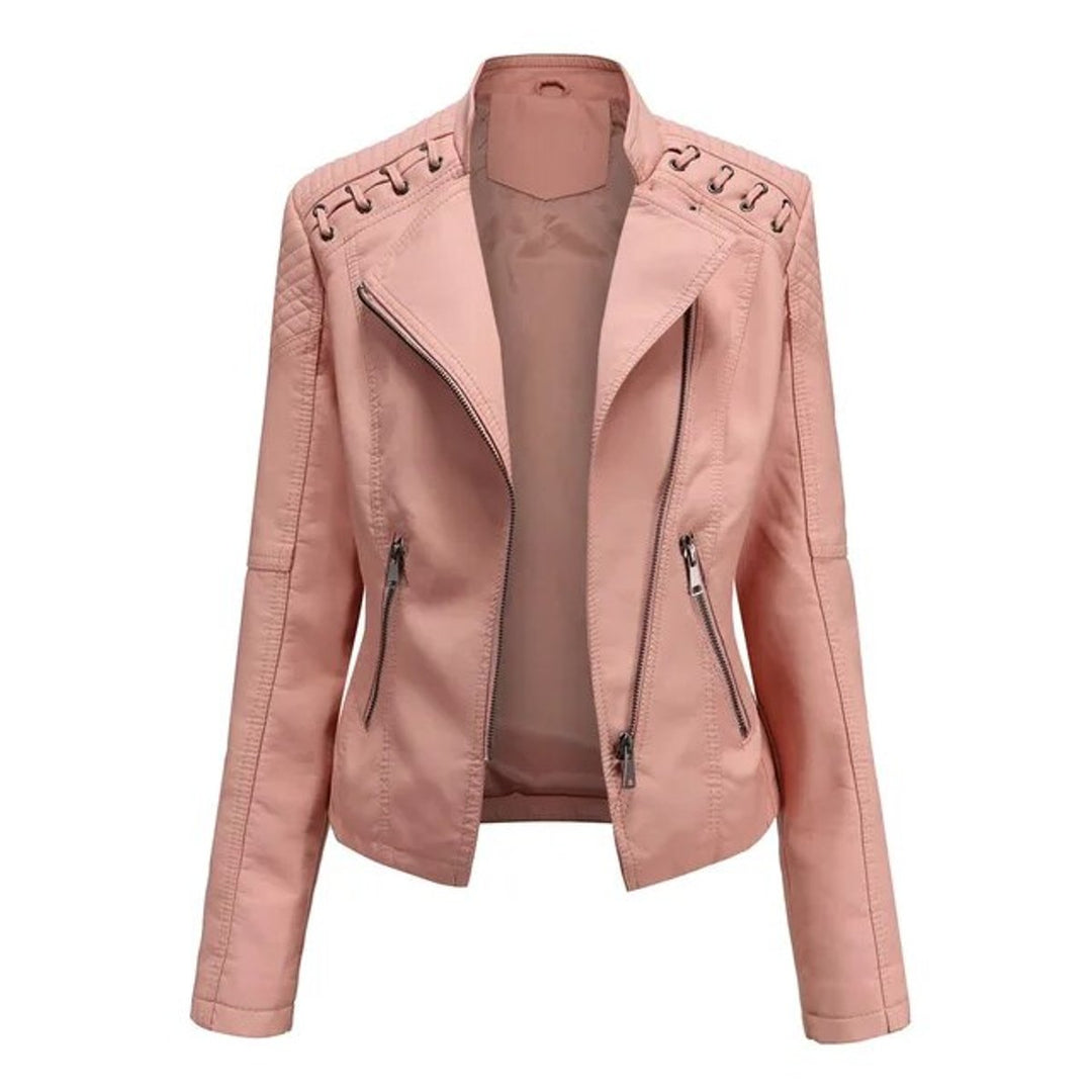 Elisabeth biker jacket in pink, front view with cropped fit