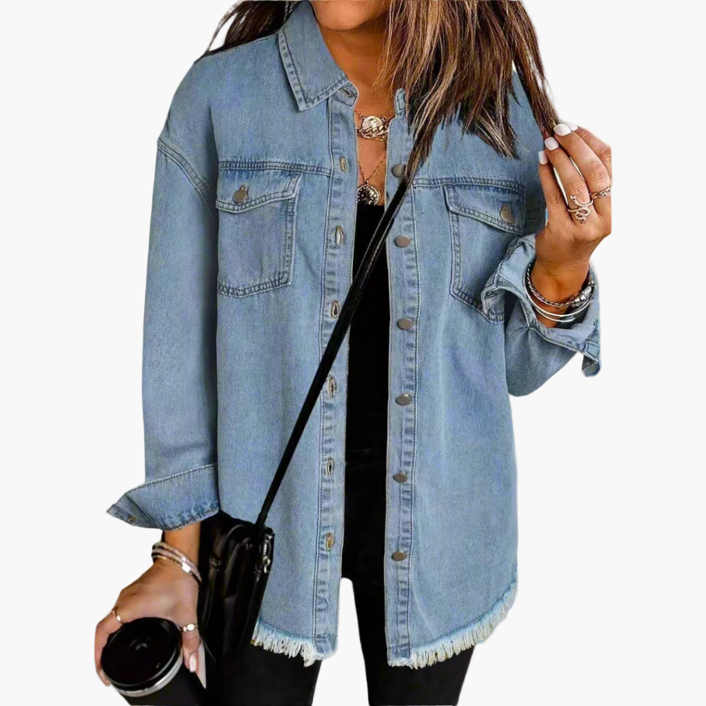 Elodie oversized denim jacket in light blue wash, front view with button closure