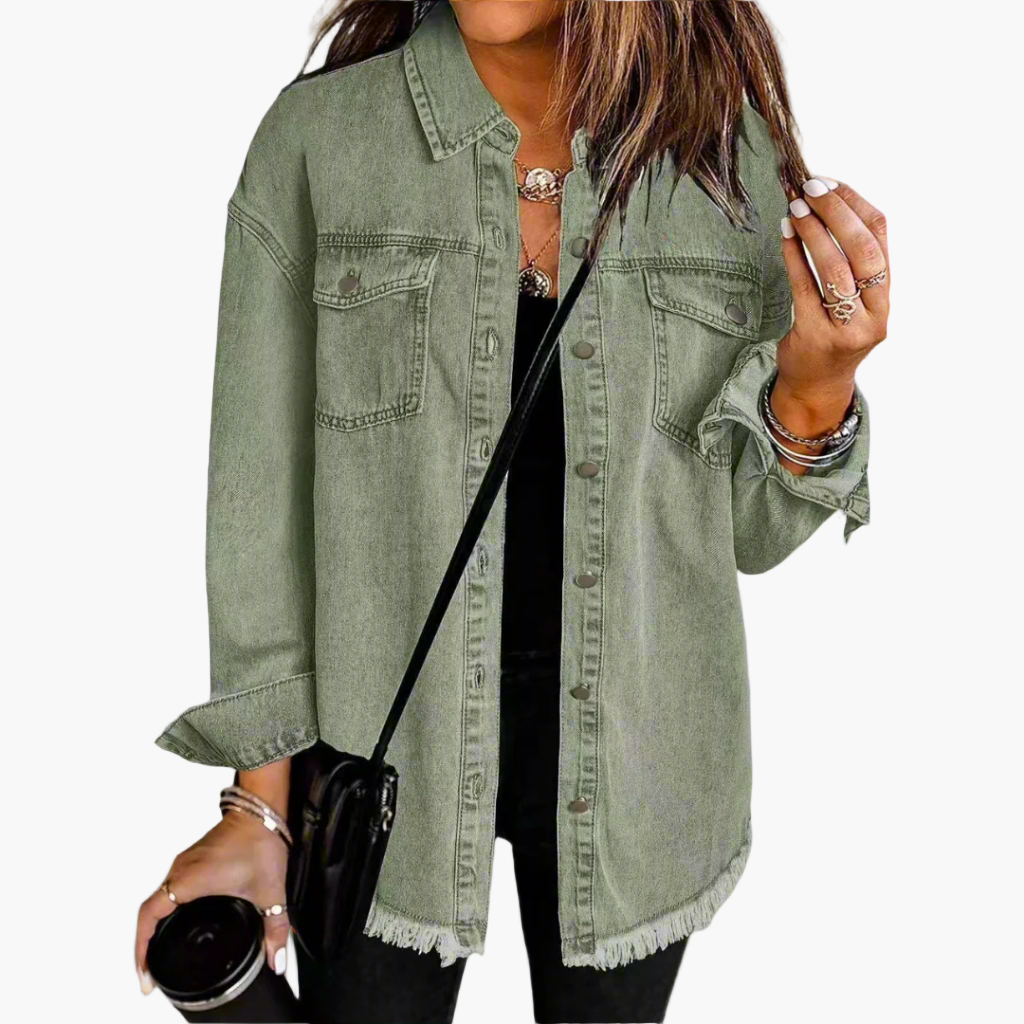 Elodie oversized denim jacket in olive green, front view with frayed hem detail