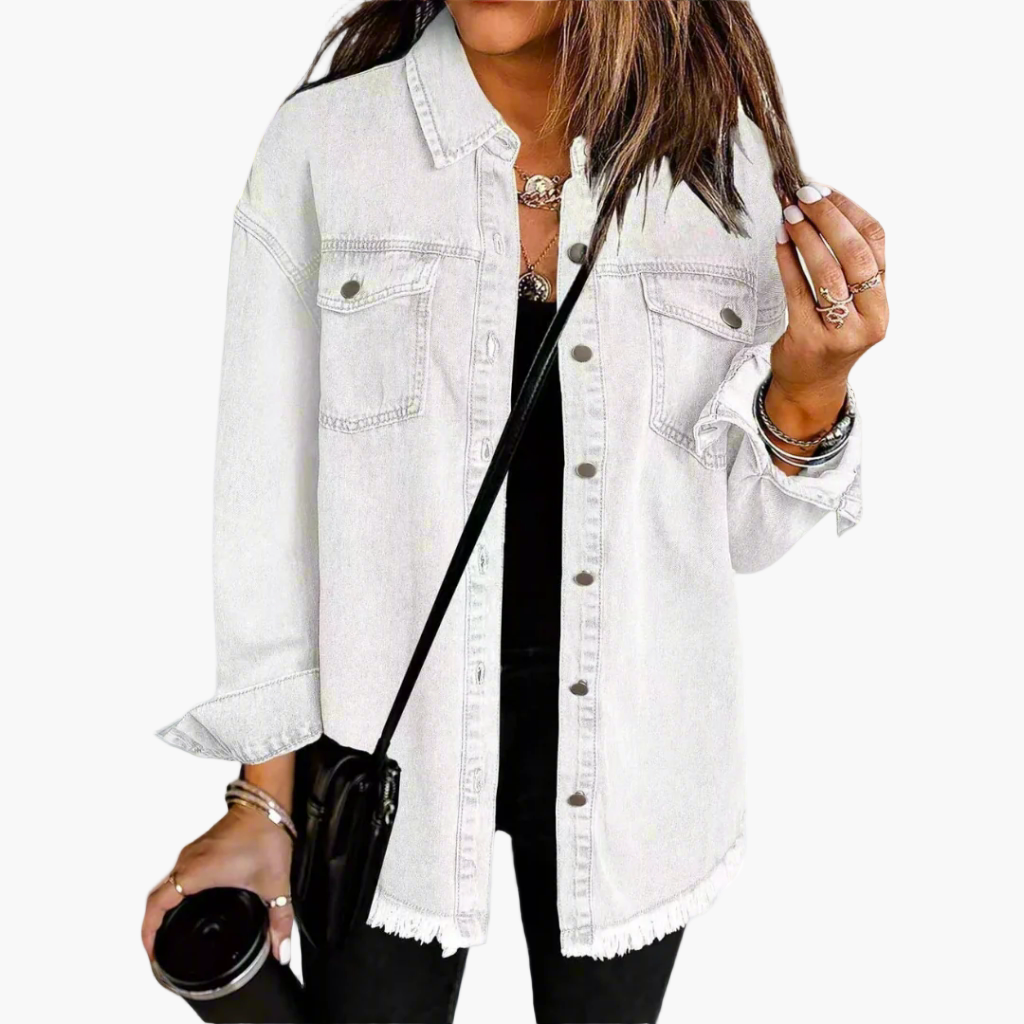 Elodie oversized denim jacket in white wash, front view with chest pockets