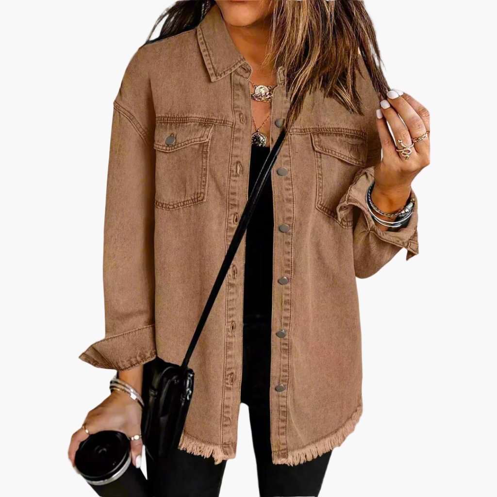 Elodie oversized denim jacket in brown wash, front view with button-front closure