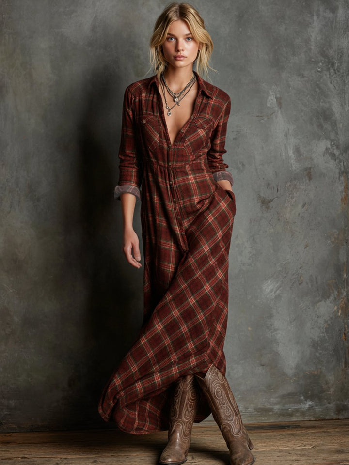 Emilia checkered maxi shirt dress in burgundy plaid, front view