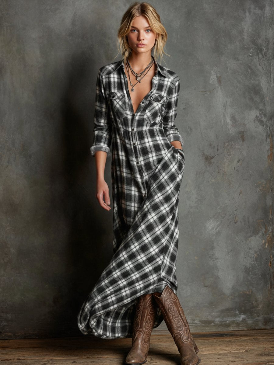 Emilia checkered maxi shirt dress in black and white plaid, front view
