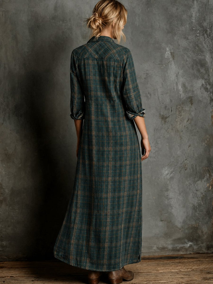Emilia checkered maxi shirt dress in green plaid, back view