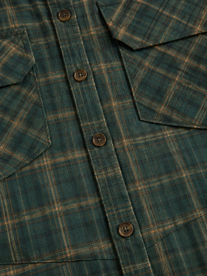 Close-up of button placket and chest pocket on Emilia checkered maxi dress