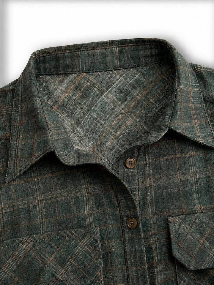 Close-up of collar and button detail on Emilia checkered maxi dress