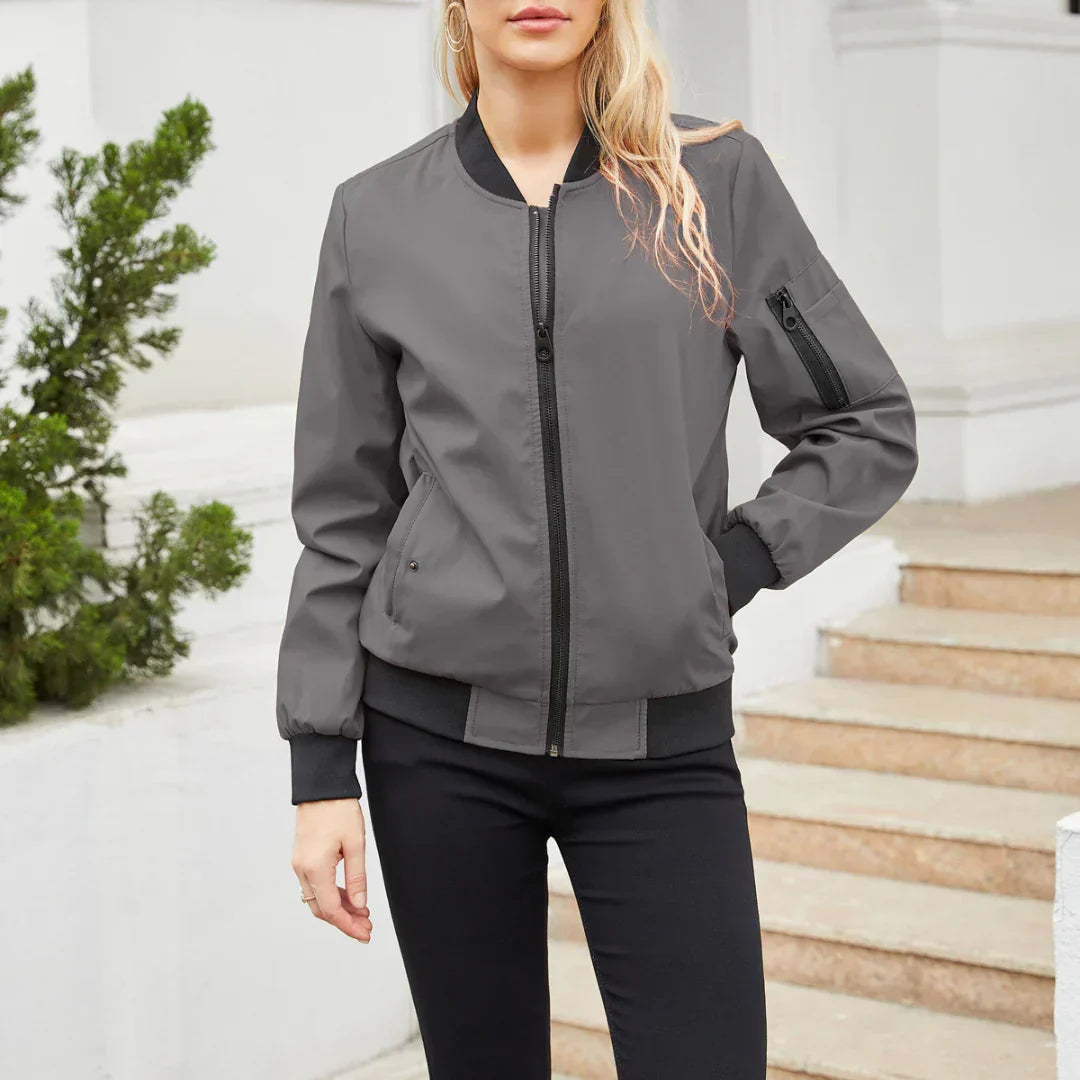 Freya dark grey bomber jacket with full front zip, front view
