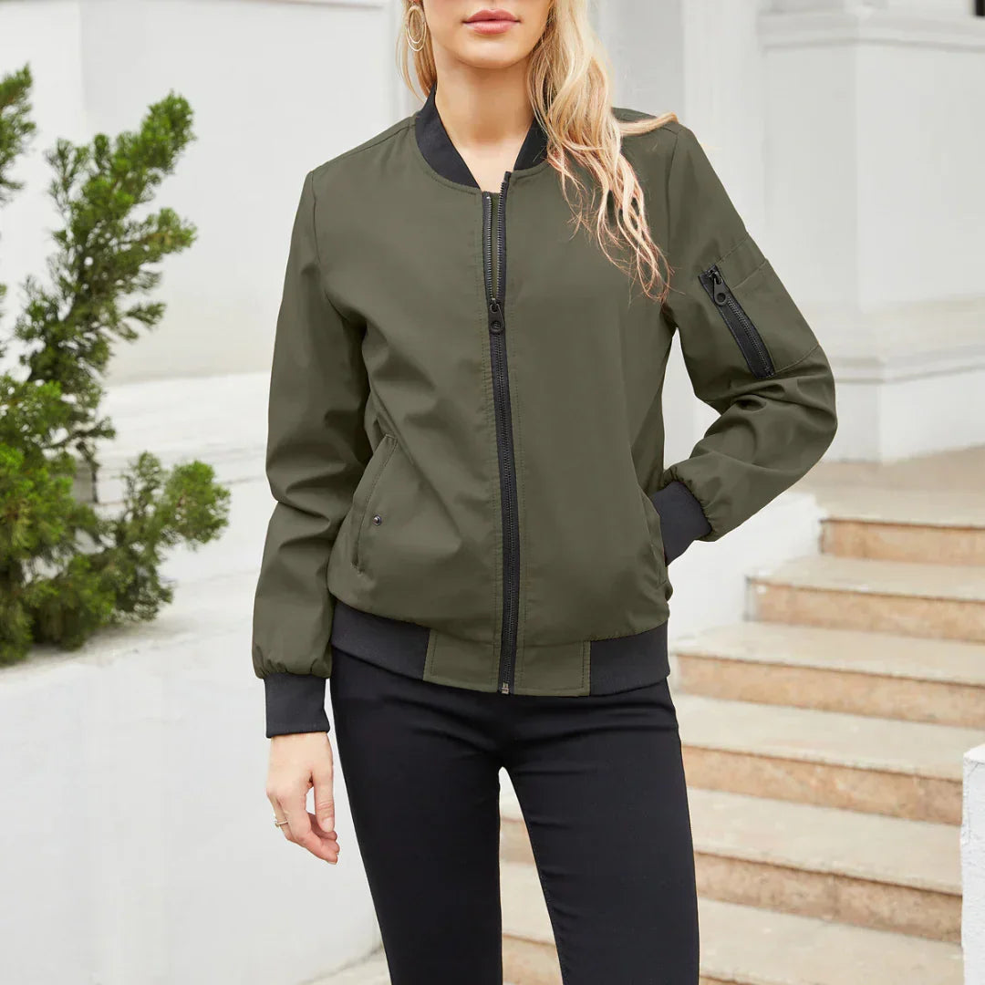 Freya military green bomber jacket with ribbed cuffs, front view