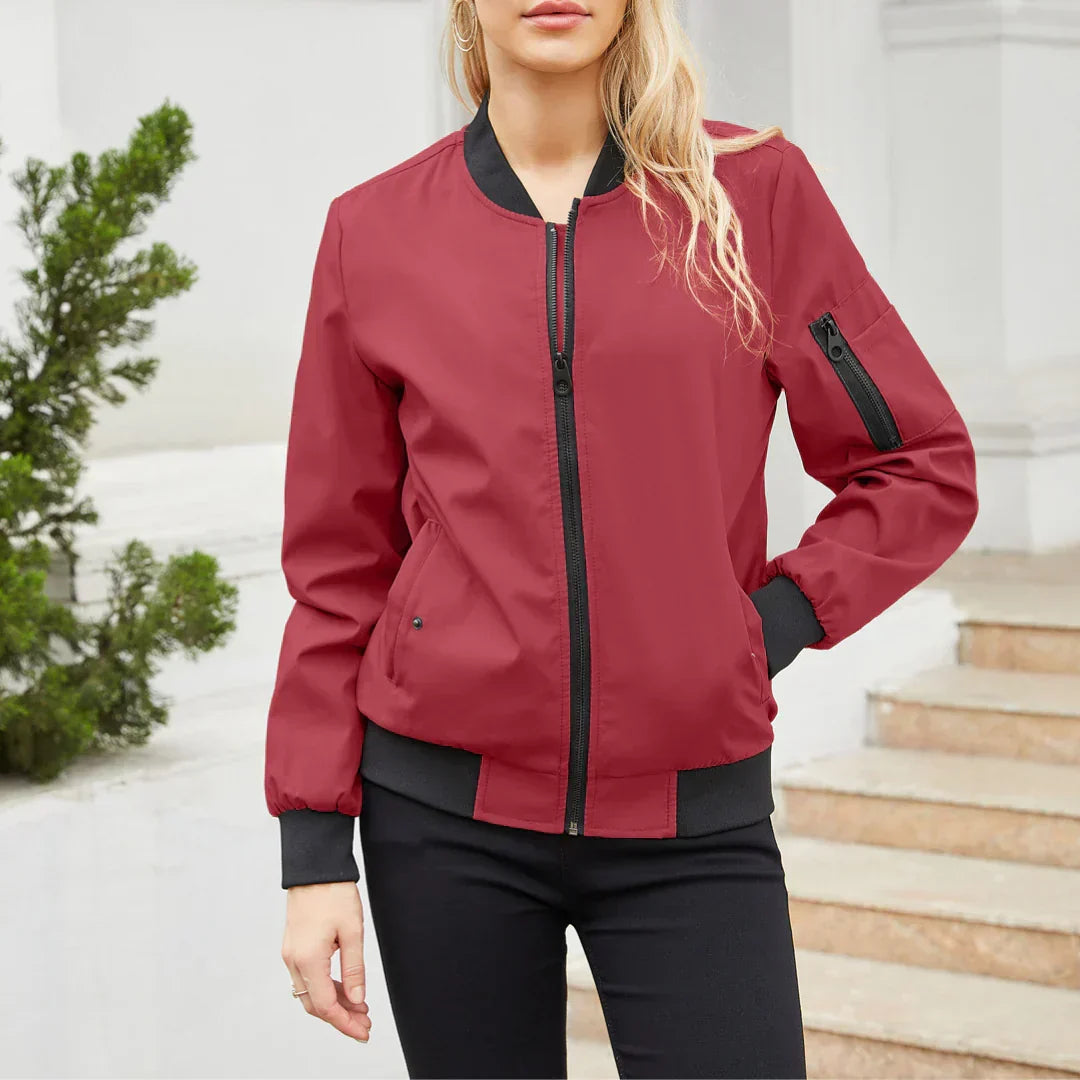 Freya wine red bomber jacket with ribbed collar and hem, front view
