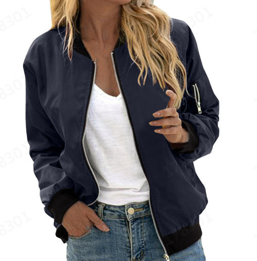 Freya classic bomber jacket in navy with ribbed hem, front view