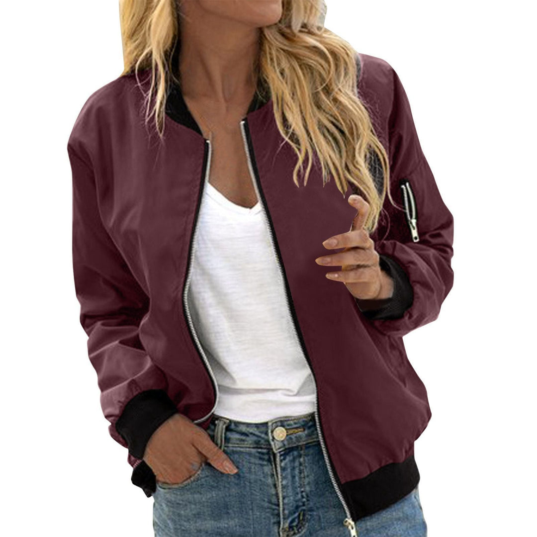 Freya classic bomber jacket in wine red with zip pocket sleeve, front view