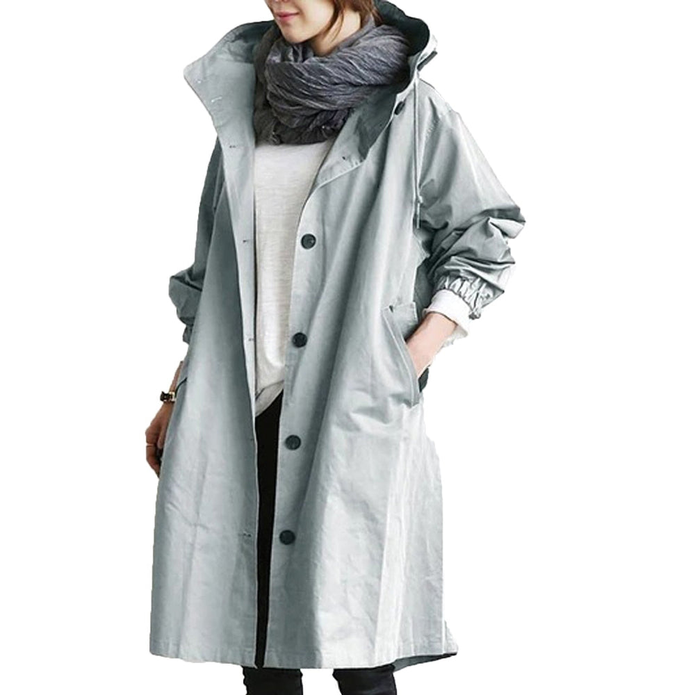 Freya hooded button-front rain jacket in light grey, close-up front view