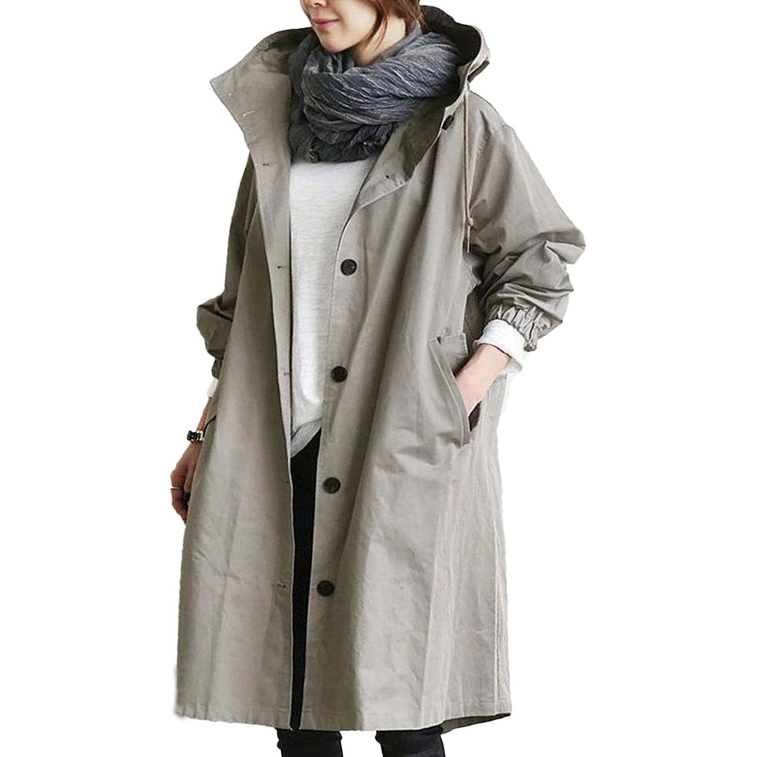 Freya hooded longline rain jacket in taupe, side angle view with scarf