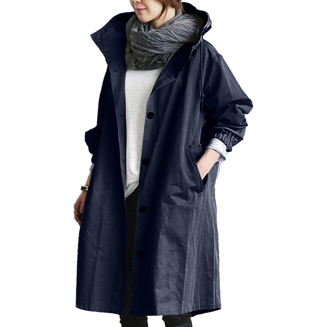 Freya hooded button-front rain jacket in navy, front view