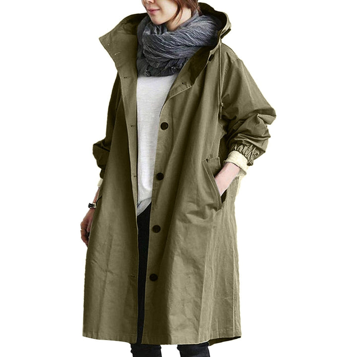 Freya hooded longline rain jacket in olive green, front view