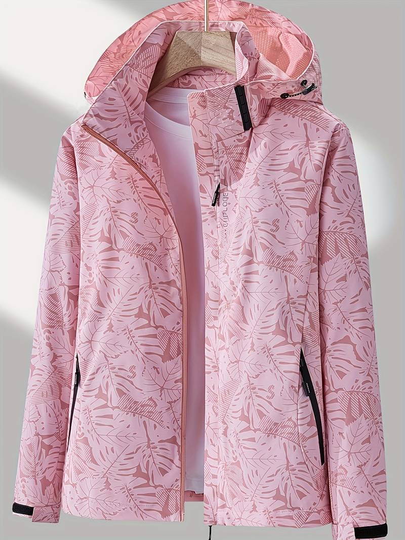 Freya hooded leaf print rain jacket in pink, front view on hanger