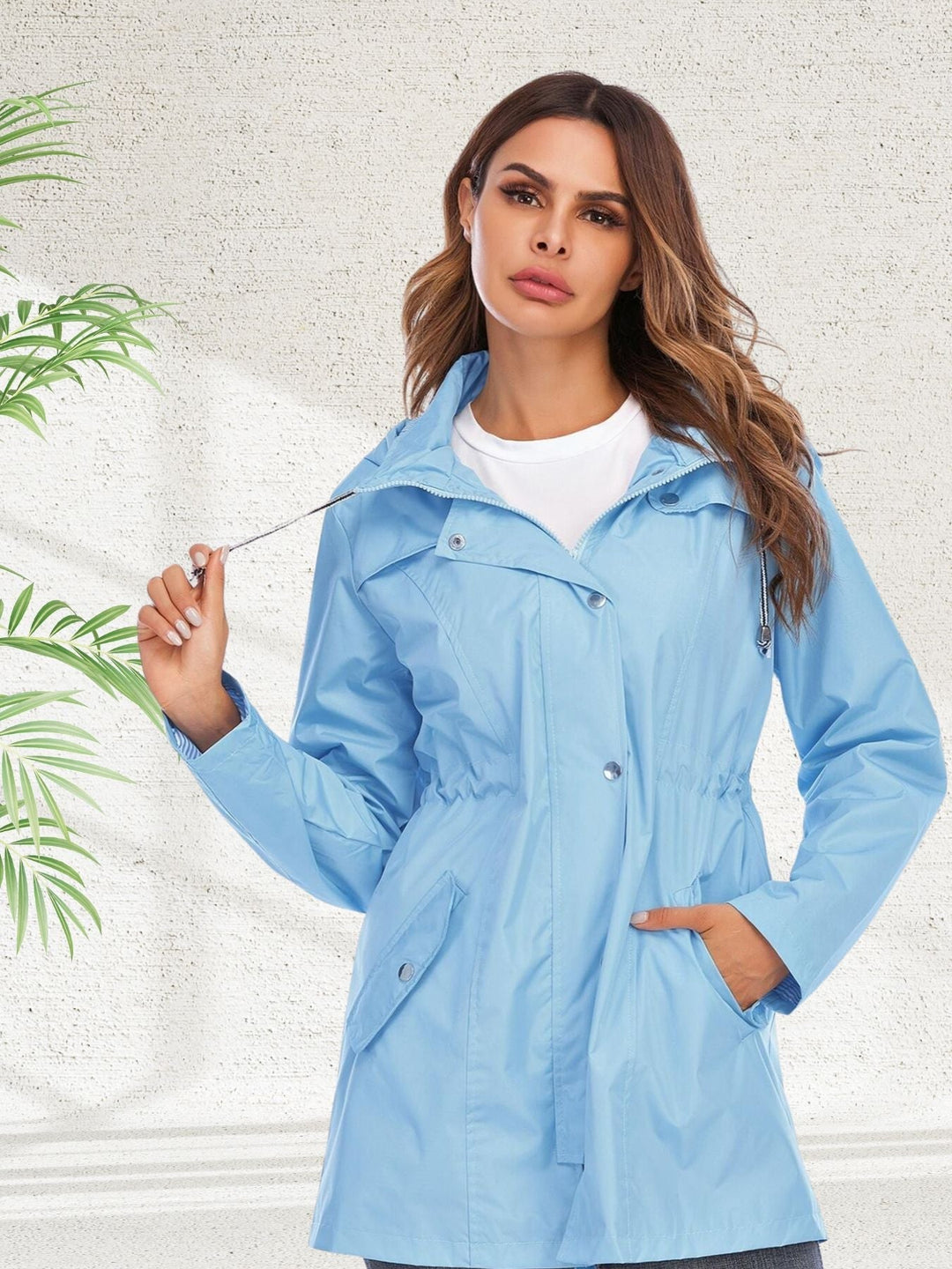 Close-up of Freya rain jacket collar and drawstring hood detail