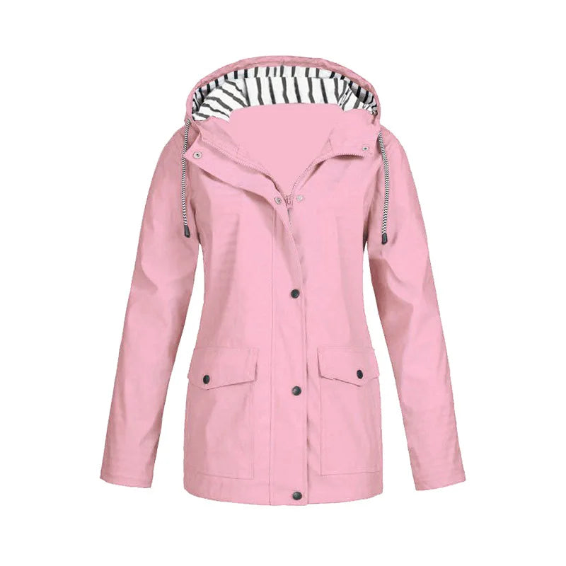 Freya hooded rain jacket in pink, front view