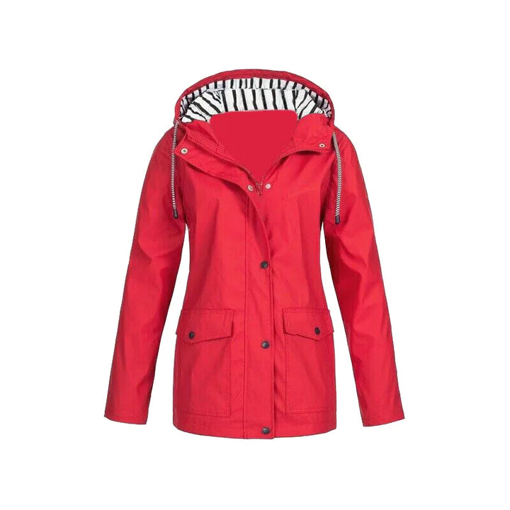 Freya hooded rain jacket in red, front view