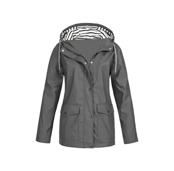 Freya hooded rain jacket in grey, front view