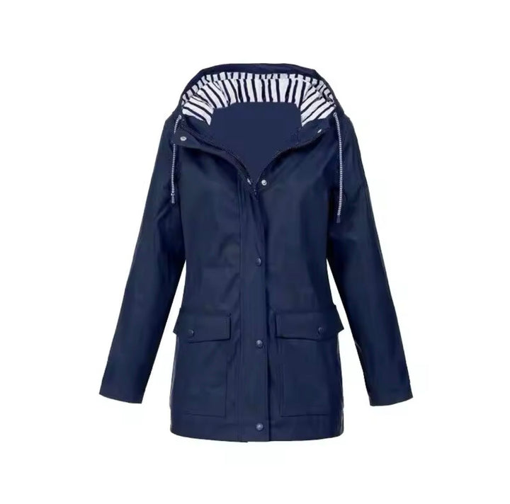 Freya hooded rain jacket in navy, front view