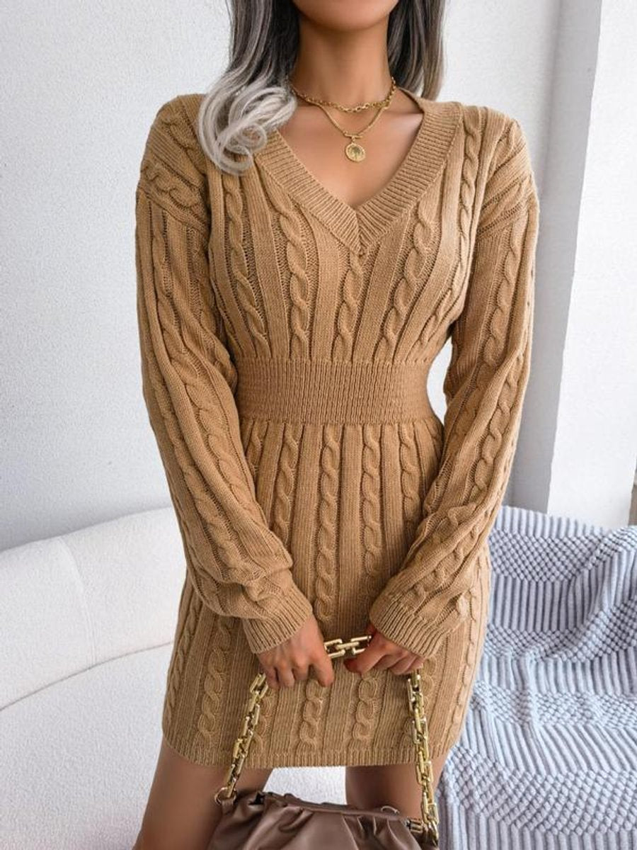Frieda camel cable-knit V-neck mini dress, front view