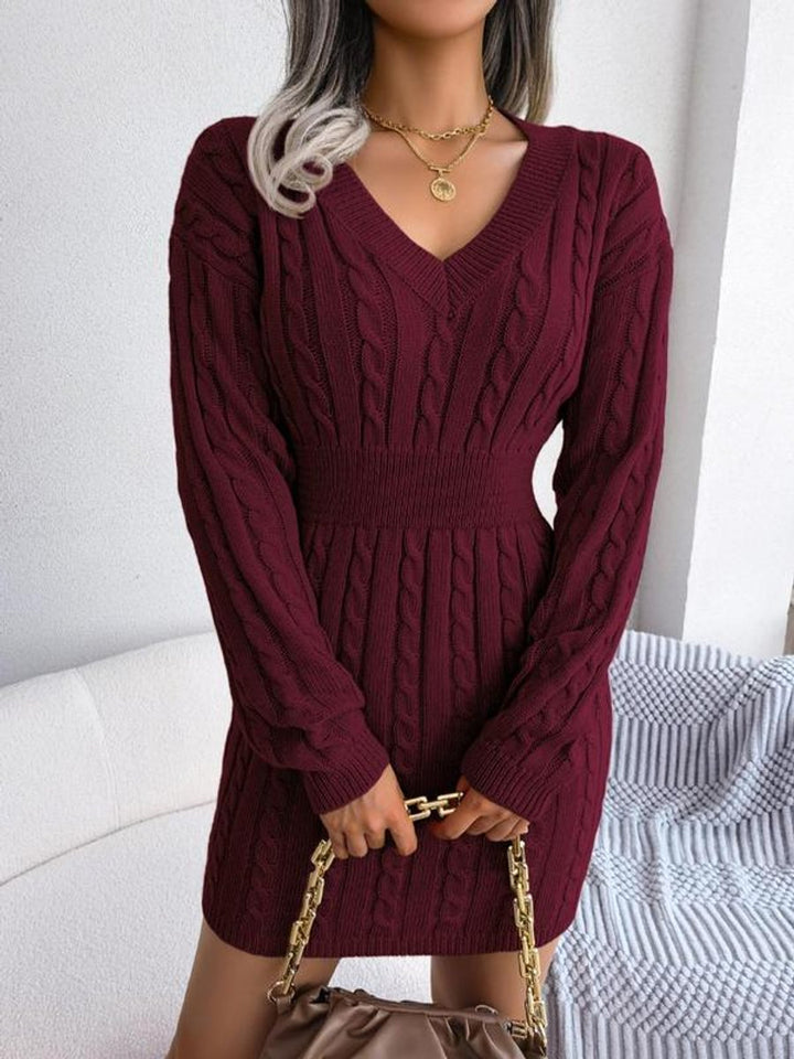 Frieda burgundy cable-knit V-neck mini dress, front view