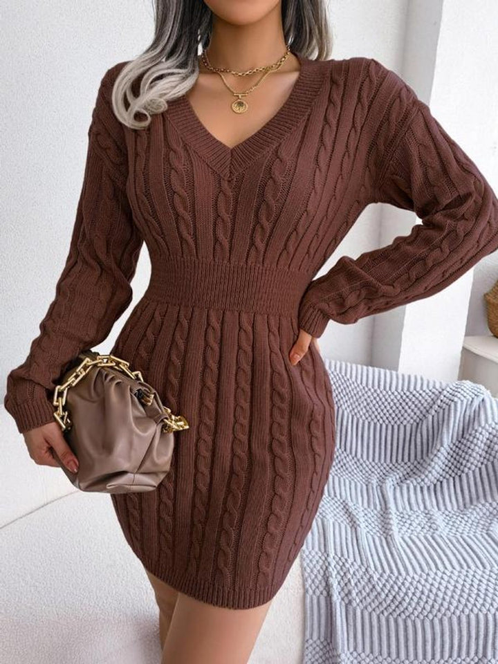Frieda chocolate brown cable-knit V-neck mini dress, front view