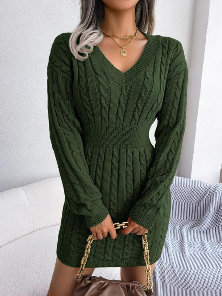 Frieda army green cable-knit V-neck mini dress, front view