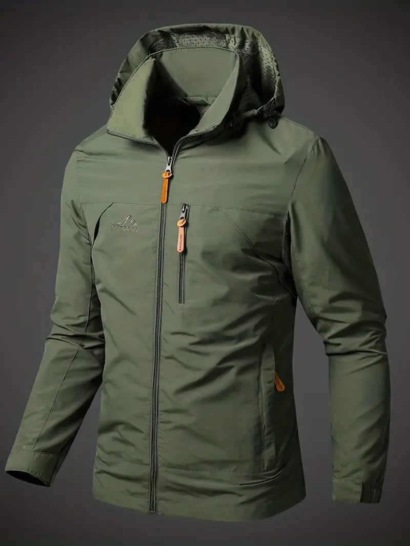 Jasper waterproof hooded rain jacket in green, front view with hood up