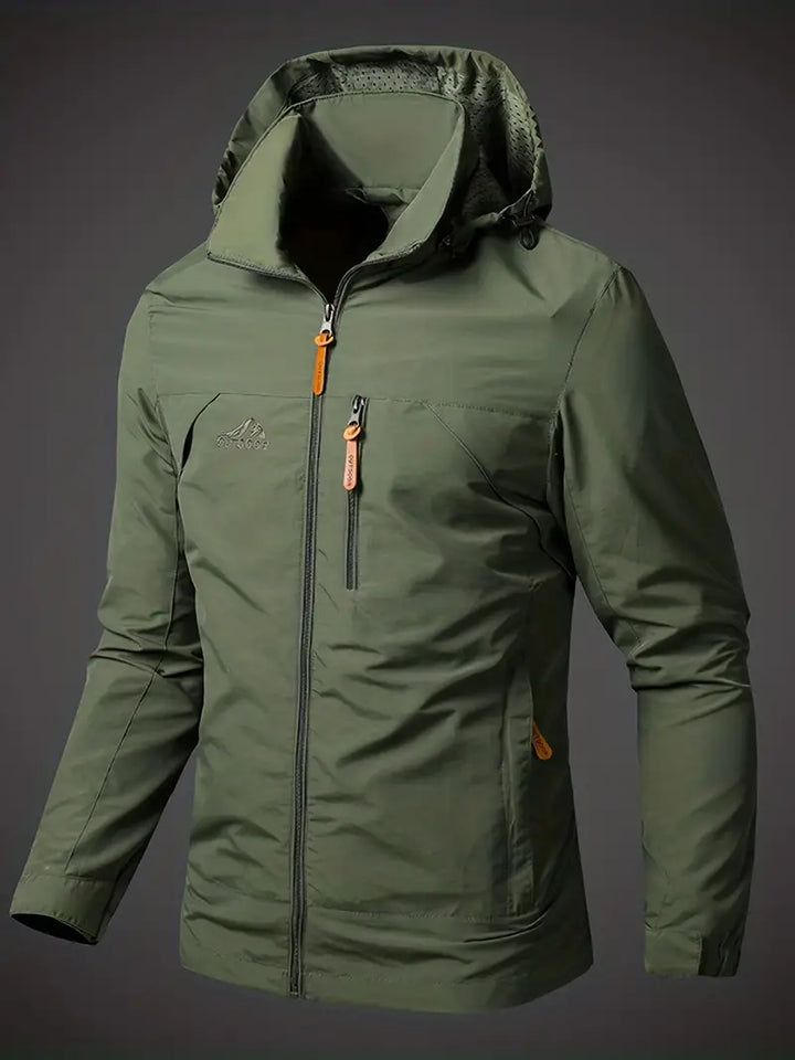 Jasper waterproof hooded rain jacket in green, front view with hood up