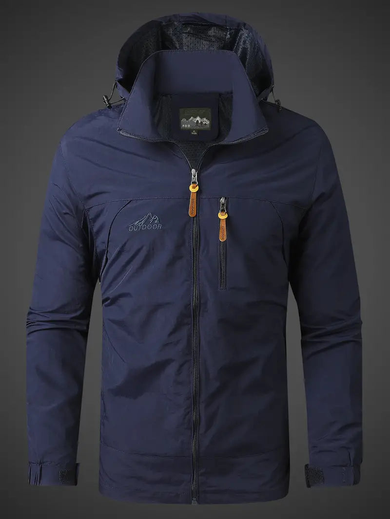 Jasper waterproof hooded rain jacket in navy, front view with hood up