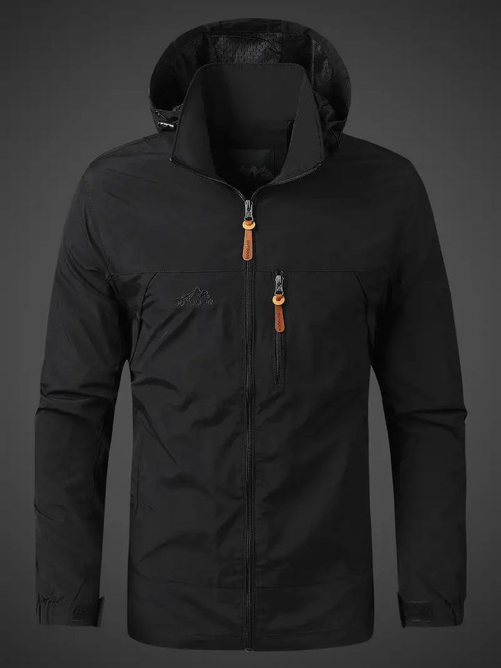 Jasper waterproof hooded rain jacket in black, front view with hood up