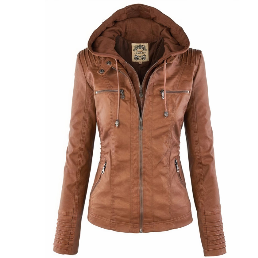 Katharina biker leather jacket in tan with detachable hood, front view